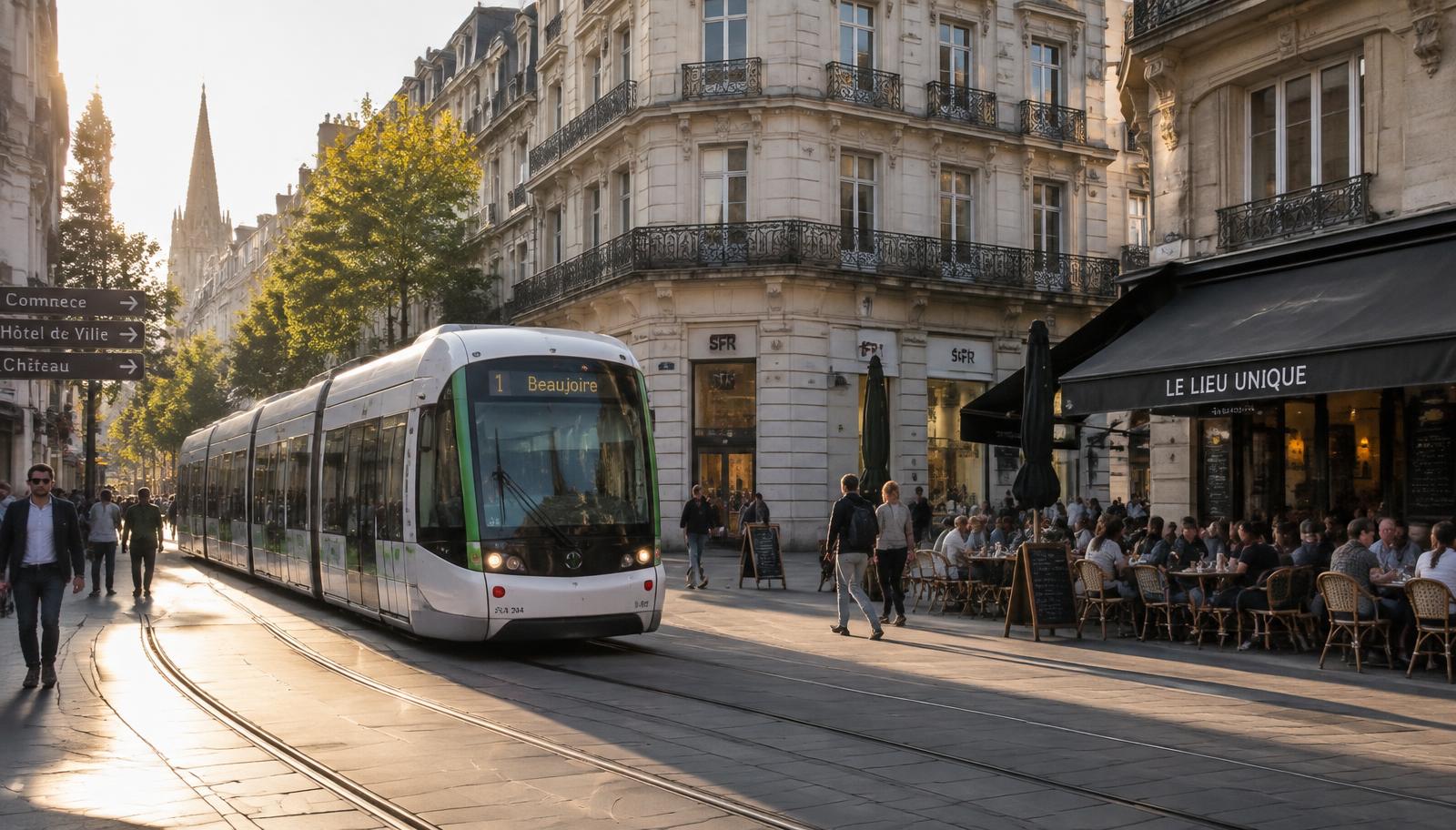Tramway nantais traversant une rue commerçante du centre-ville bordée d'immeubles clairs et de terrasses