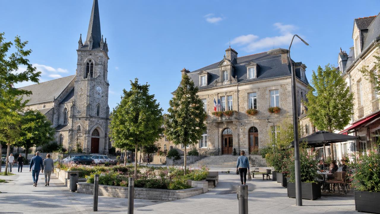 Illustration du centre de Noyal-Châtillon-sur-Seiche : église, mairie de granit et place plantée