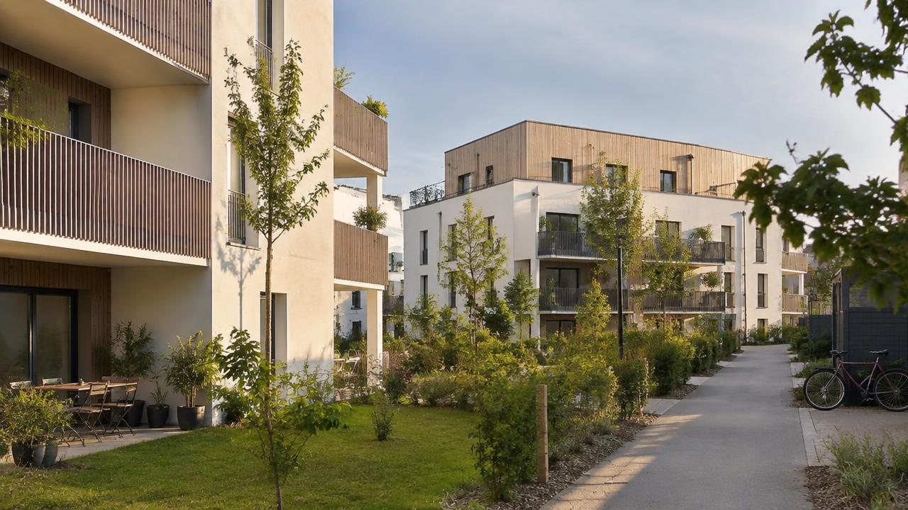 Quartier récent au sud de Rennes : petits immeubles clairs, bardage bois et jardins plantés