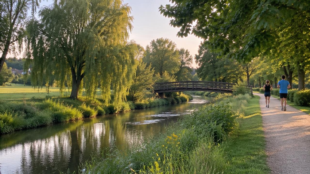 Coulée verte de la Seiche : prairie, saules, passerelle en bois et sentier de promenade