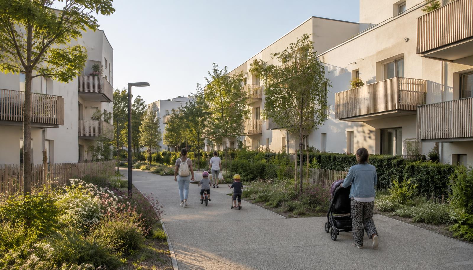 Allée piétonne d'un quartier résidentiel récent d'Orvault : petits immeubles clairs, balcons bois et jardins plantés