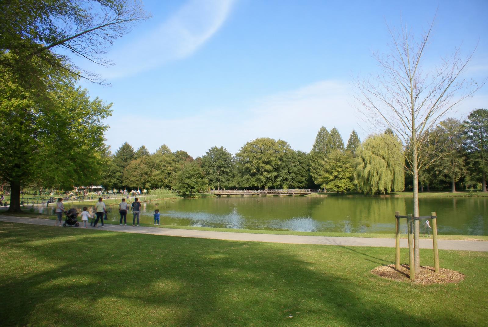 Parc de loisirs de Pacé : plan d'eau, pelouses, aires de jeux et familles en promenade