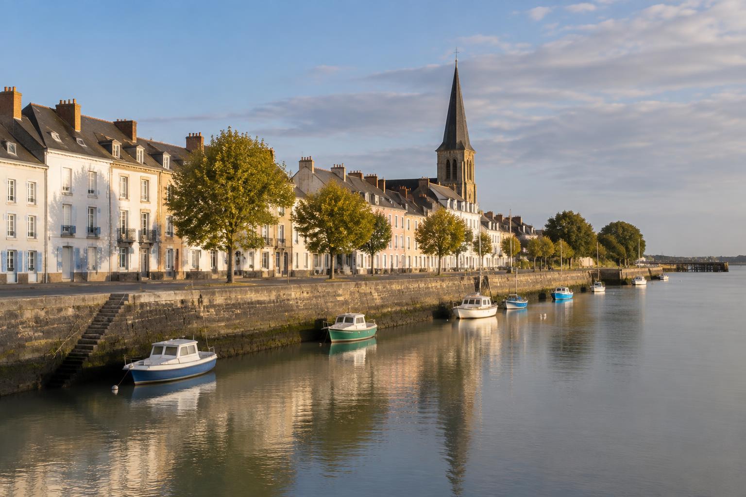 Illustration des quais de Paimbœuf : maisons anciennes à toits d'ardoise alignées le long de la Loire et petits bateaux amarrés