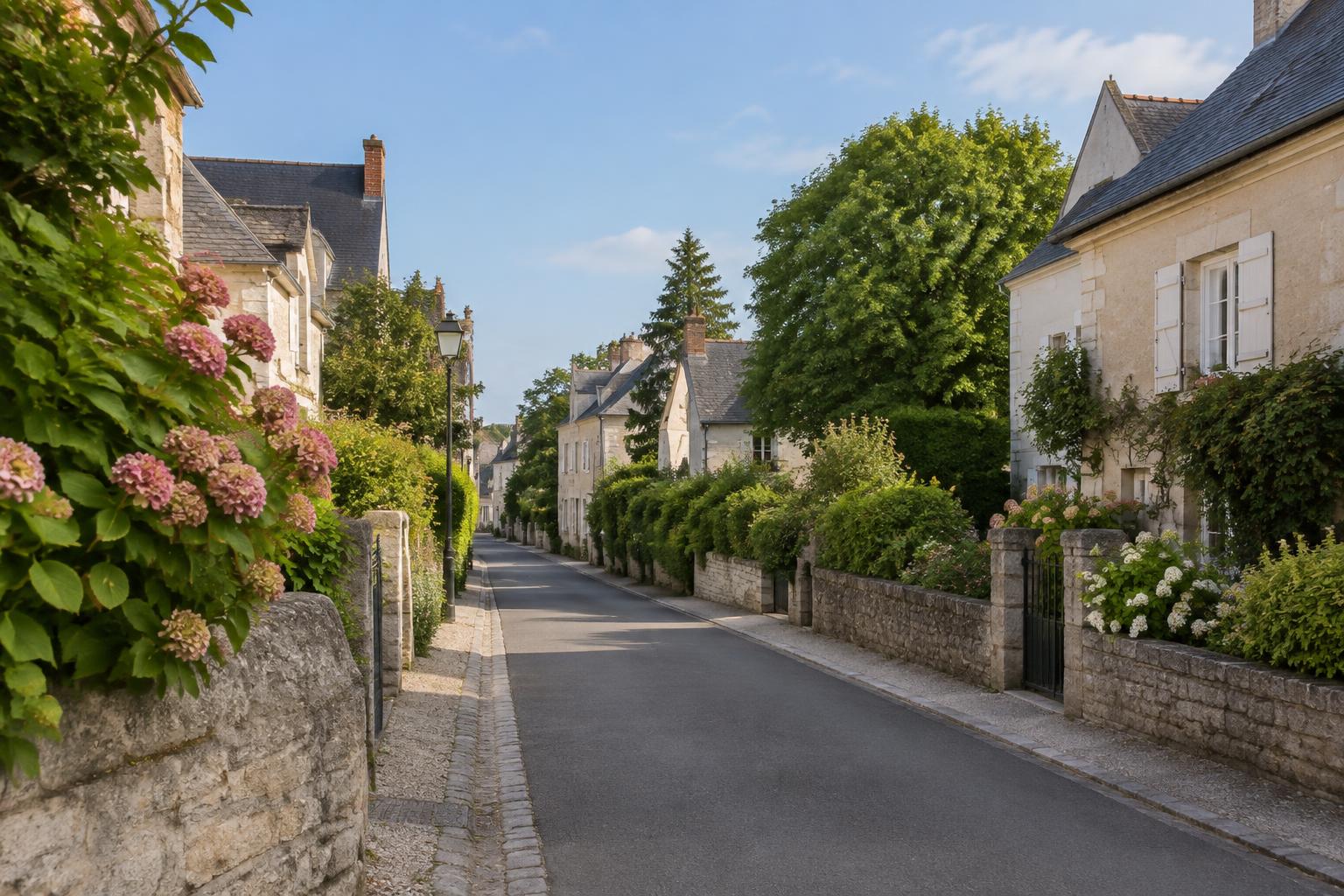 Rue résidentielle calme de Paimbœuf : maisons claires à toits d'ardoise, murets de pierre et jardins fleuris