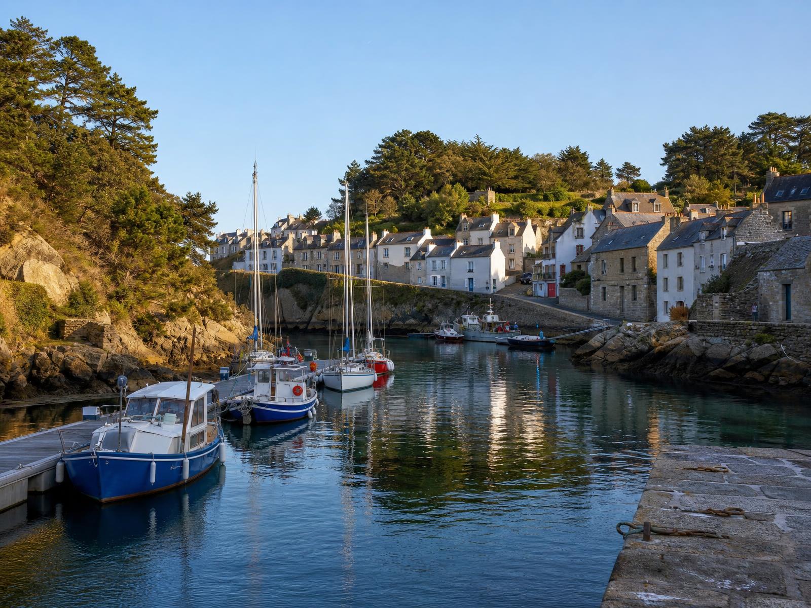 Illustration du port de Dahouët à Pléneuf-Val-André : bateaux à quai dans une anse encaissée