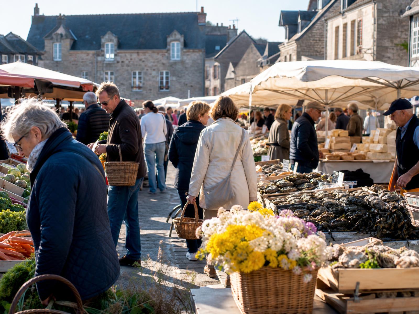 Illustration du marché du bourg de Pléneuf : étals de légumes, poissons et fleurs sur une place