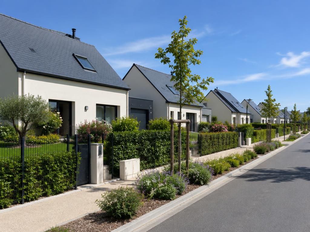 Quartier résidentiel récent à Plerguer : maisons neuves, jardins clos et allée plantée