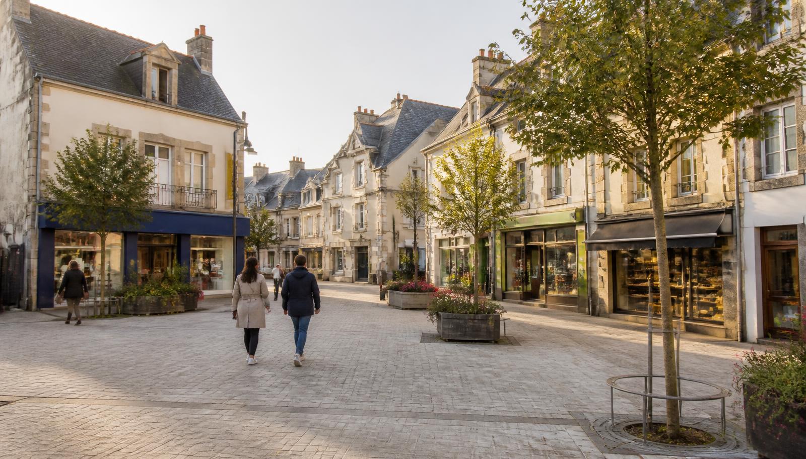 Illustration du centre-bourg de Plérin : place pavée, commerces de proximité, façades claires et toits d'ardoise