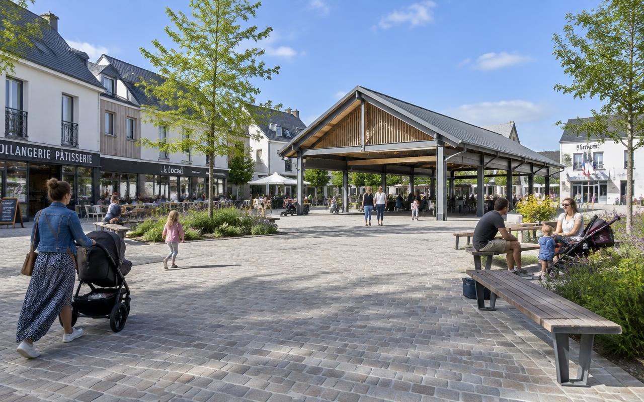 Illustration du centre de Plescop : place pavée, halle en bois, commerces et familles
