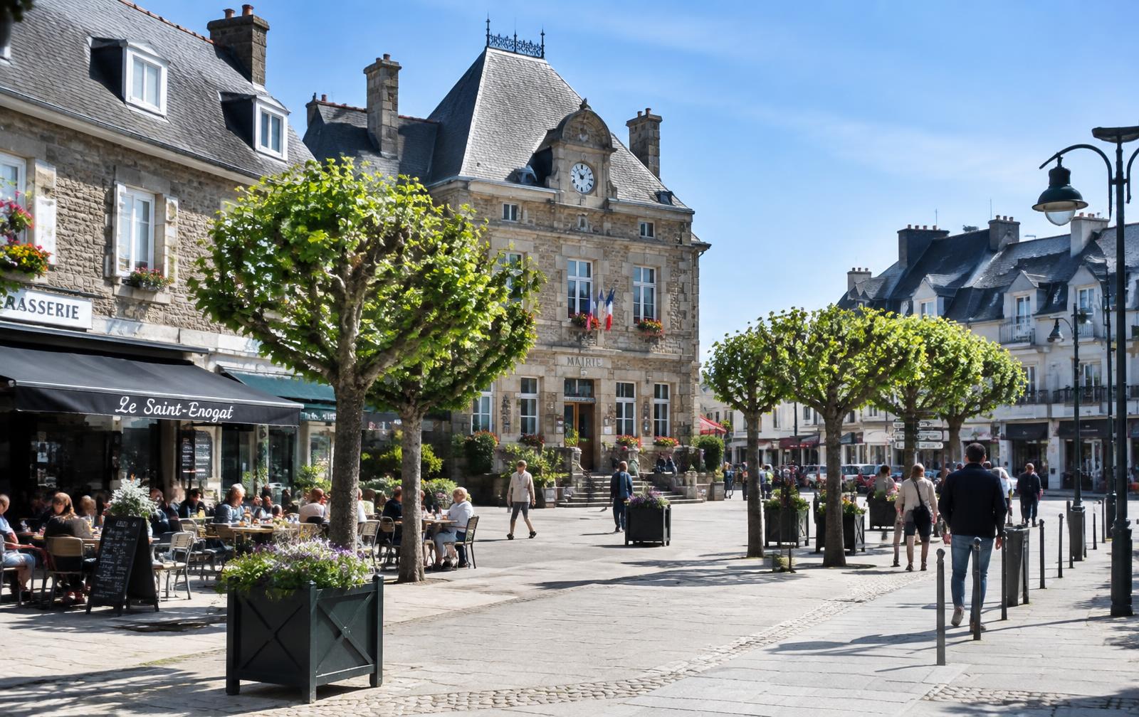 Centre de Pleurtuit : rues commerçantes, façades claires et place plantée