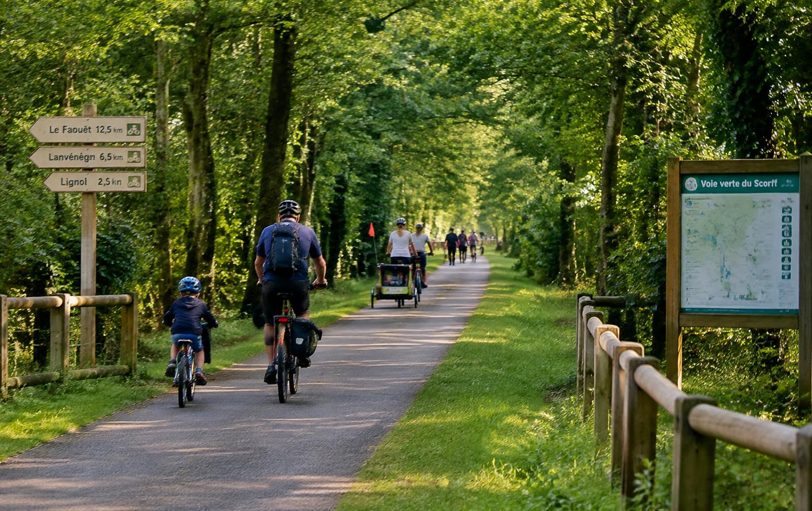Voie verte au départ de Pleurtuit : chemin plat bordé d'arbres, cyclistes et familles