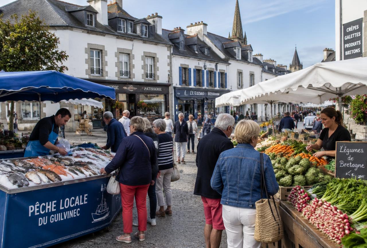 Bourg de Plobannalec : commerces, place et étals du marché