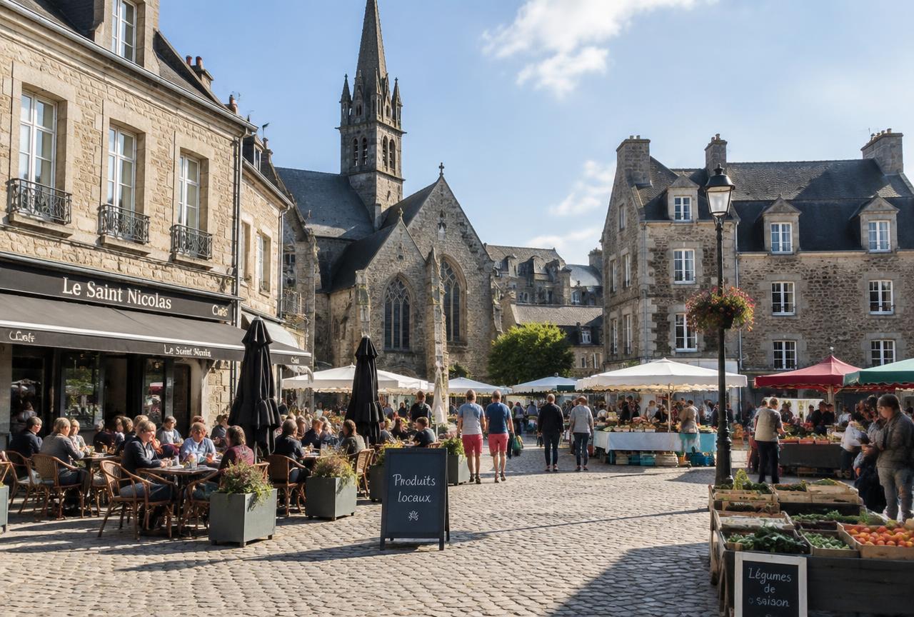 Illustration du centre de Ploërmel : place pavée, maisons anciennes, terrasses et marché