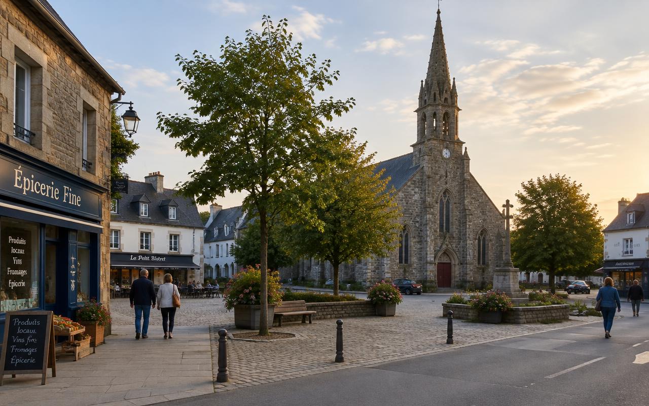 Illustration du bourg de Pluneret : place devant l'église en granit, commerces et arbres