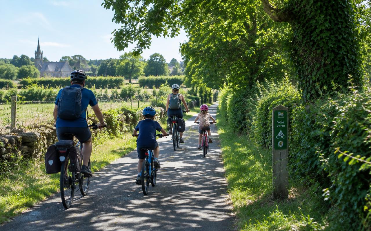 Voie verte ombragée près de Pluneret : promeneurs et cyclistes sous les arbres