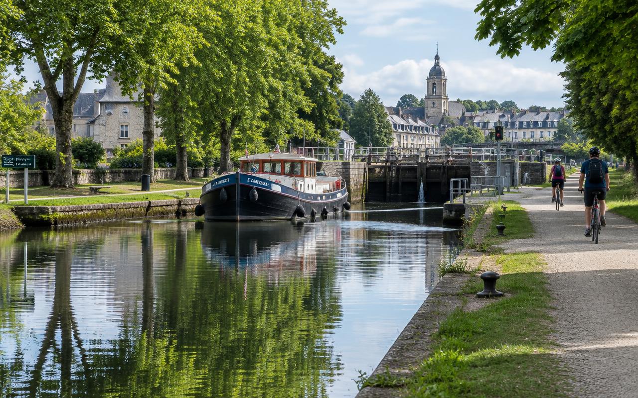 Canal du Blavet à Pontivy : écluse, chemin de halage et cyclistes