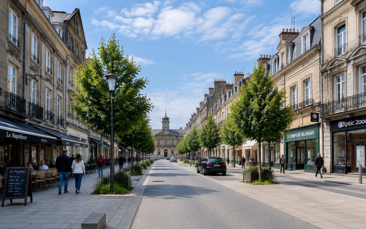 Avenue de la ville napoléonienne de Pontivy : façades claires alignées et arbres