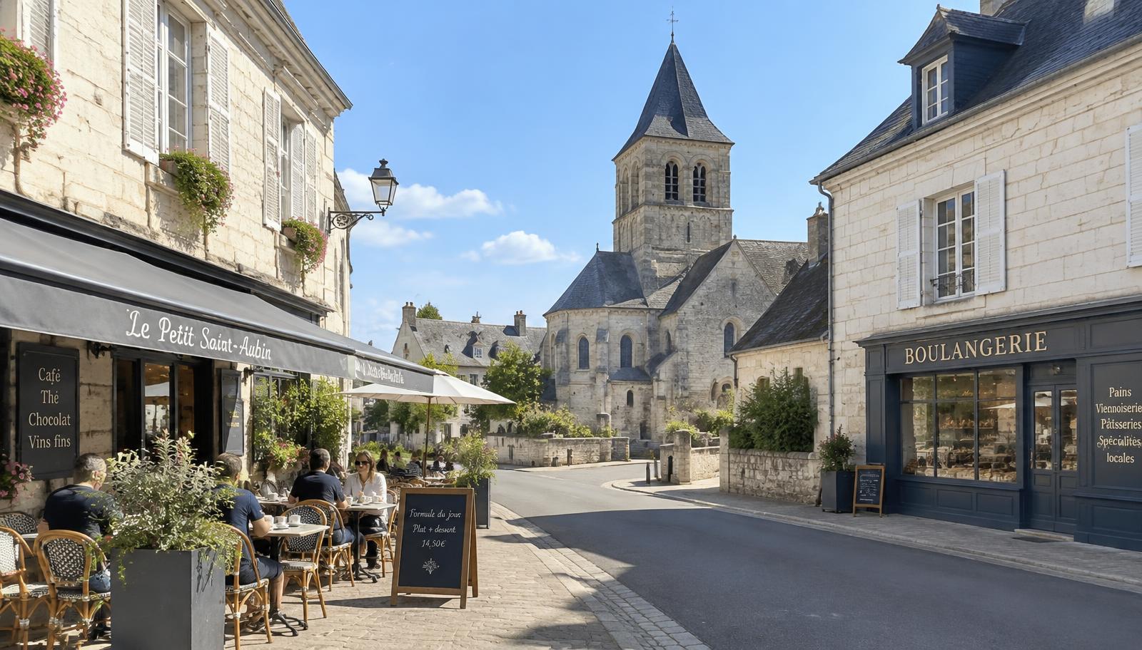 Rue de tuffeau blanc avec église romane, terrasse de café et boulangerie