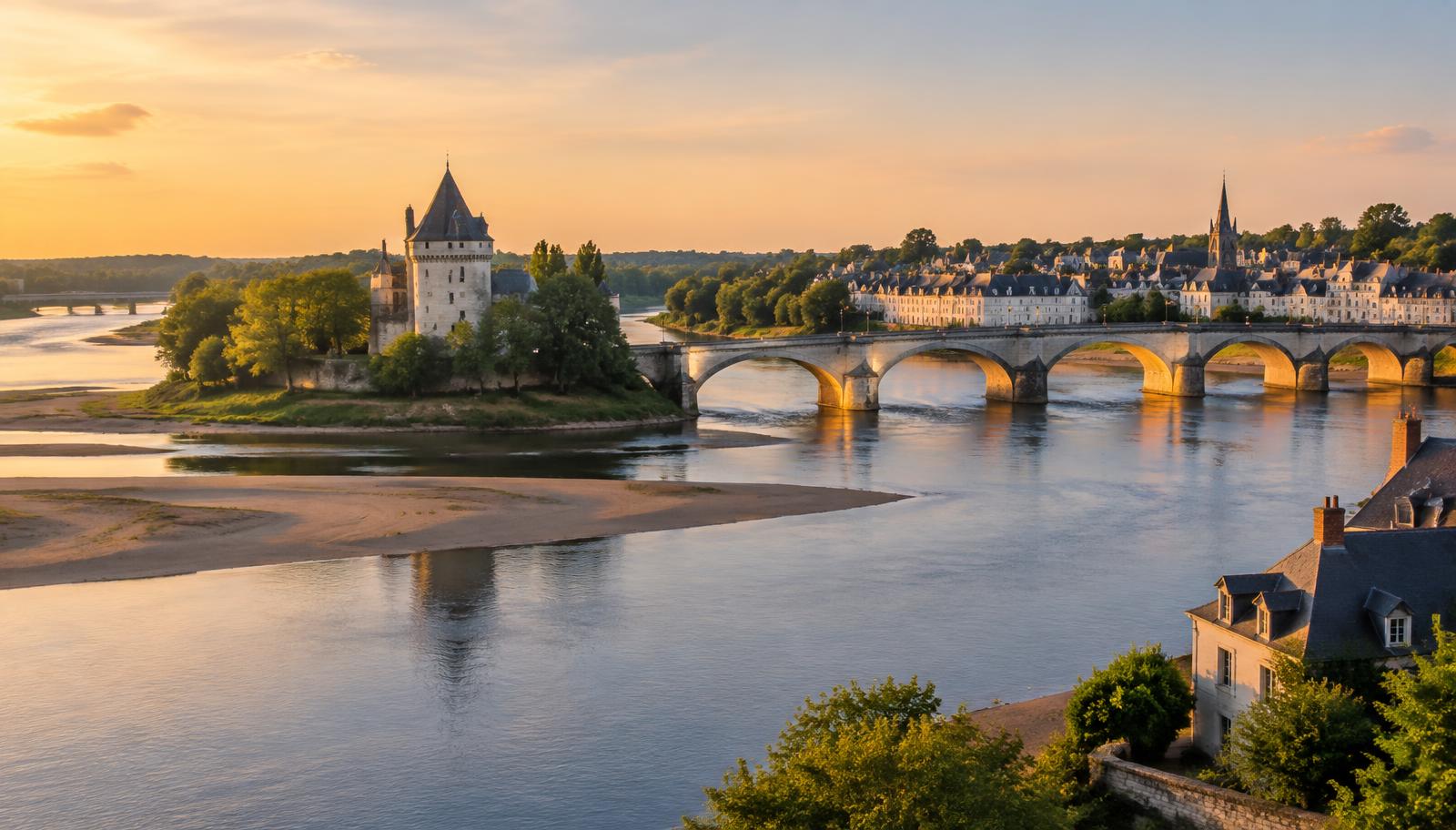 Illustration d'un pont de pierre sur la Loire avec un château sur une île, au coucher du soleil