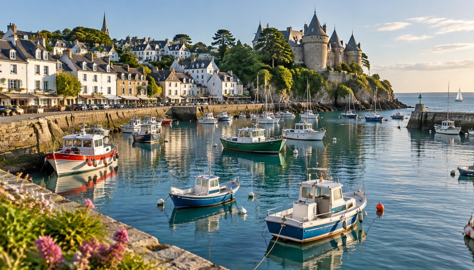 Illustration du port de Pornic : bateaux amarrés dans la ria, maisons blanches à toits d'ardoise et château sur la pointe rocheuse