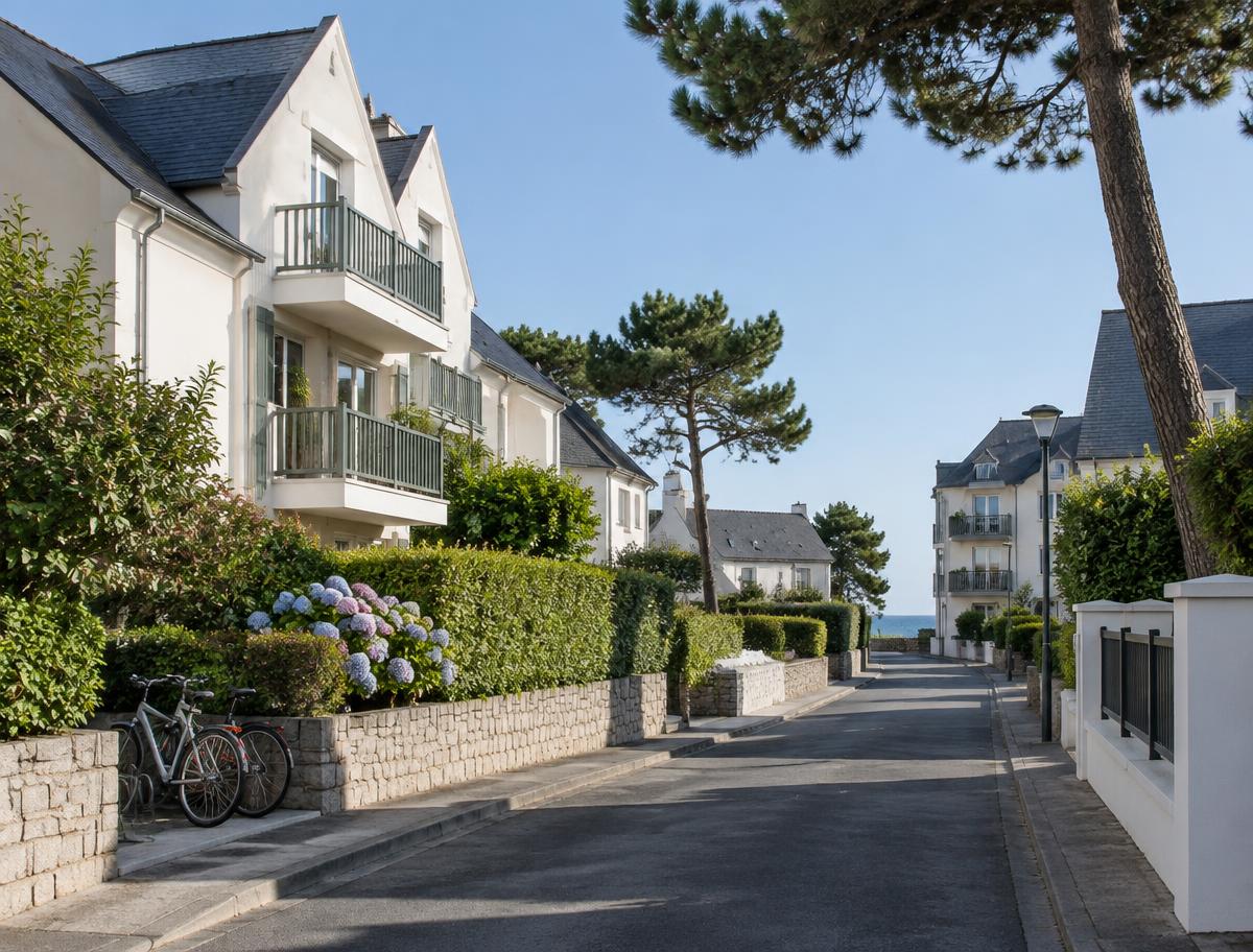 Quartier résidentiel de Pornic : maisons claires à toits d'ardoise, jardins plantés et rue calme bordée d'arbres