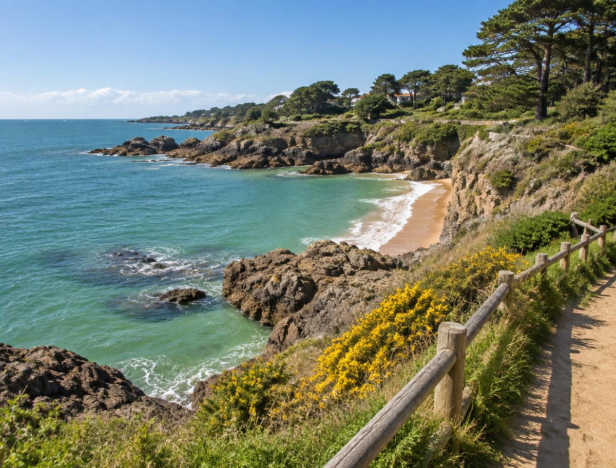 Sentier côtier de Pornic : chemin taillé dans la roche au-dessus d'une crique de sable clair et d'une mer verte