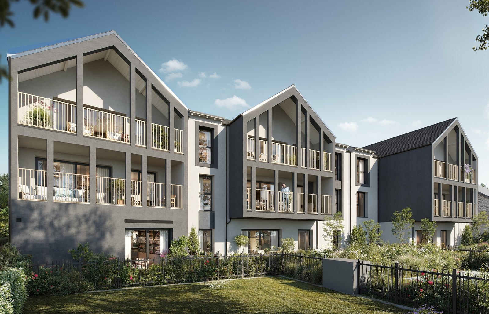 Visuel officiel du programme immobilier neuf Amelia Rose à Lancieux : perspective de la résidence et de ses abords plantés