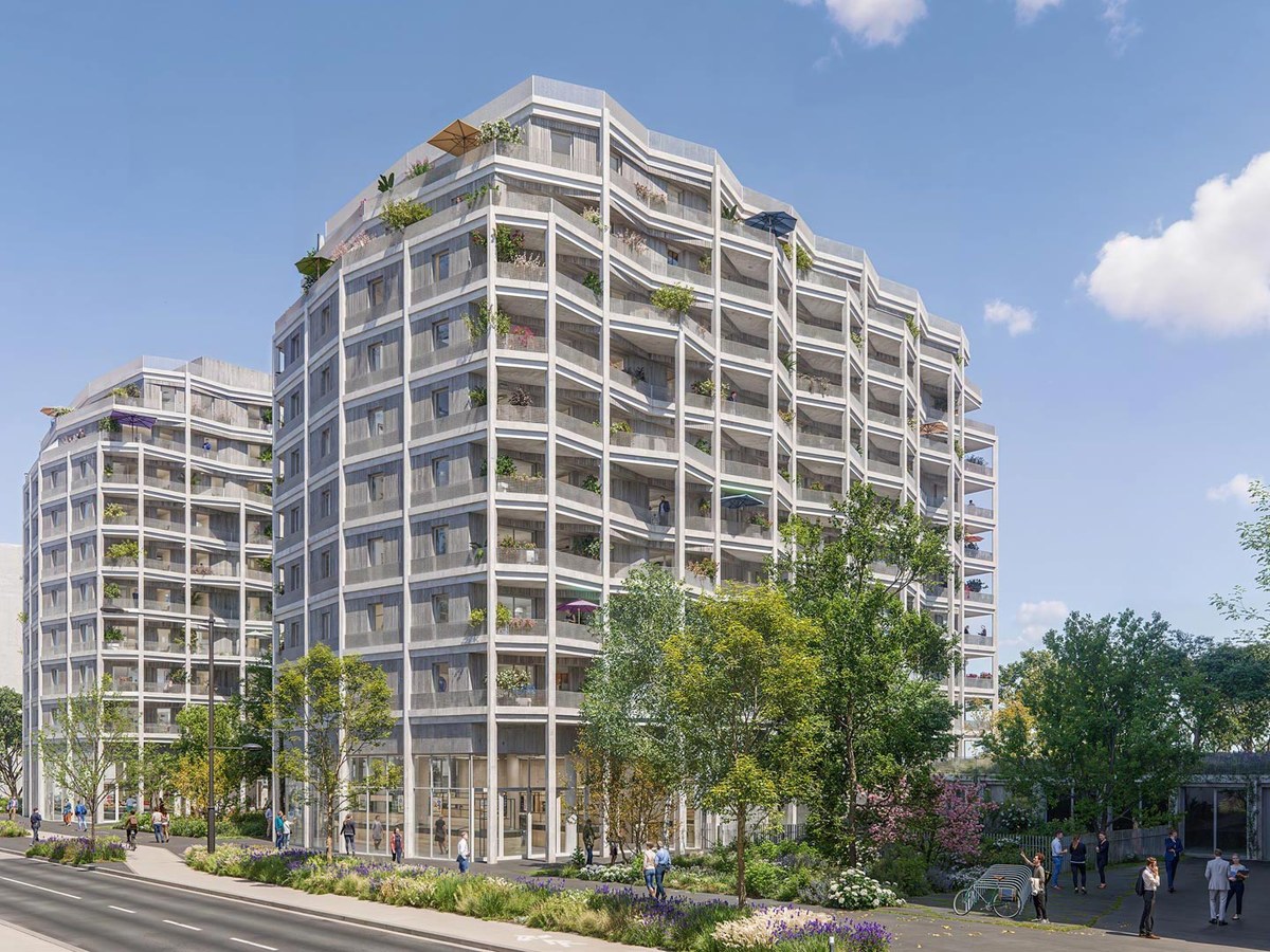 Perspective du programme immobilier neuf Apothéoz à Rennes : façades claires à balcons filants et terrasses plantées