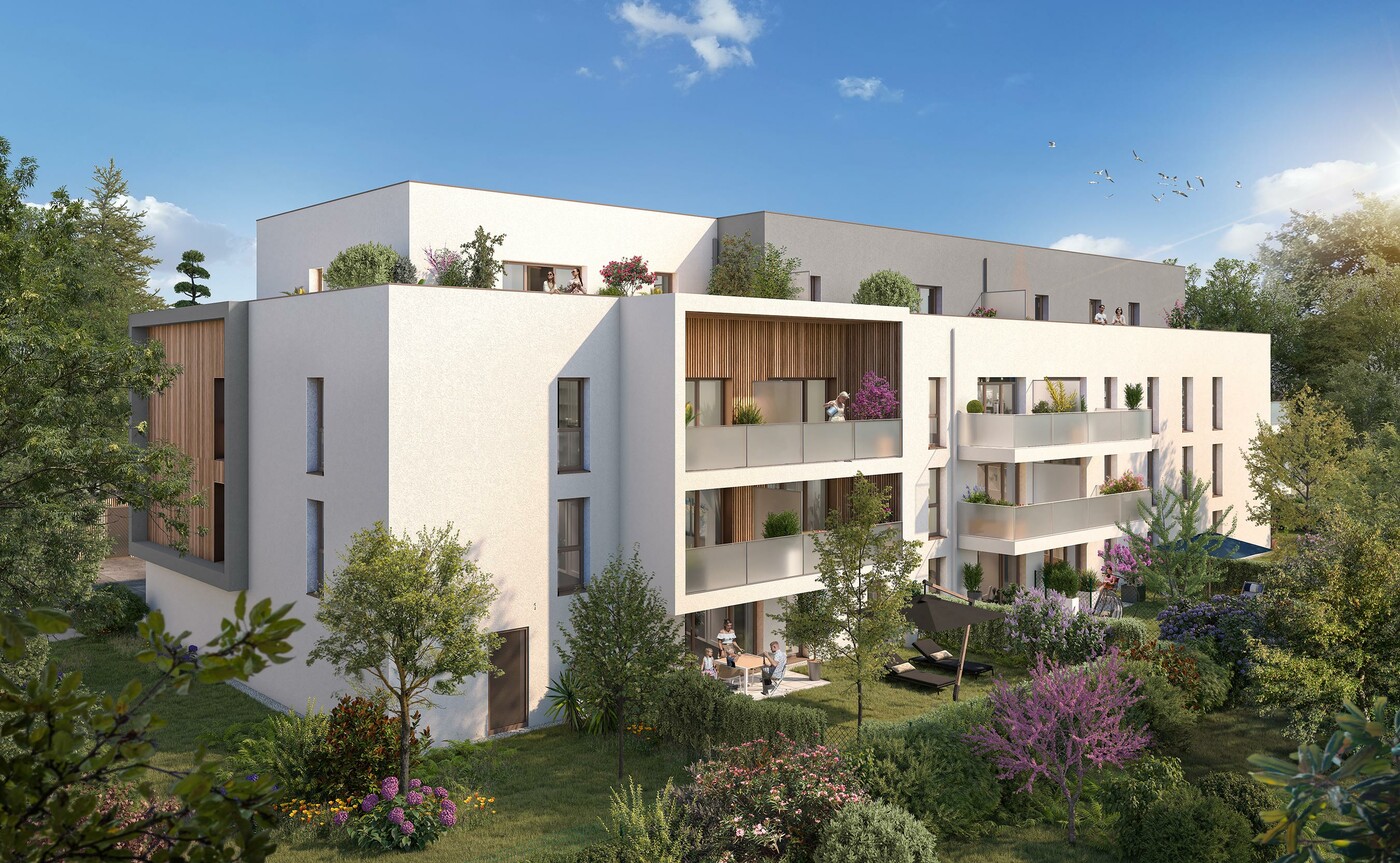 Perspective du programme immobilier neuf Arôme à Thorigné-Fouillard : petite résidence claire dans un cadre planté