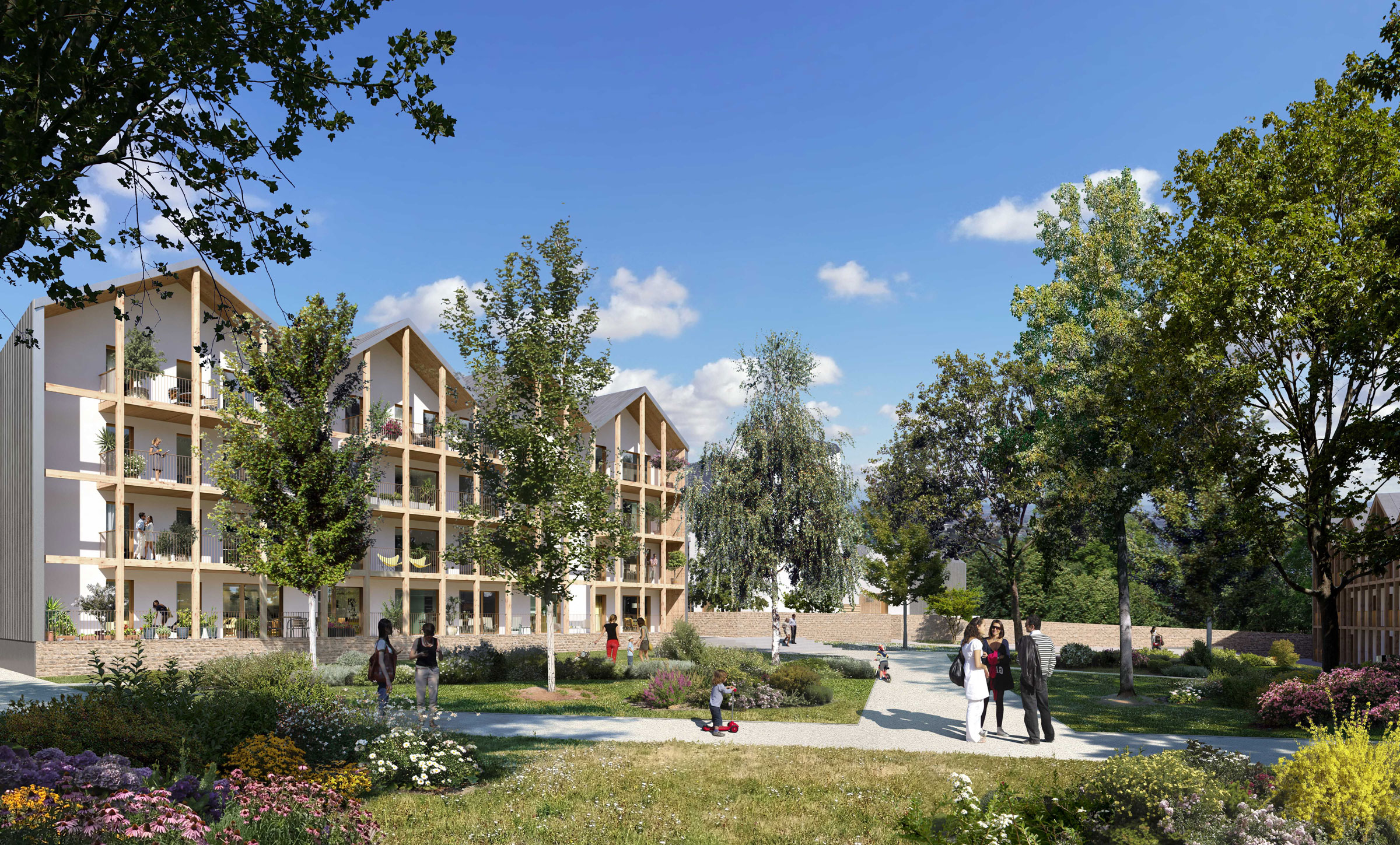 Perspective du programme immobilier neuf Bahia à Concarneau : logements en rez-de-jardin et façades claires