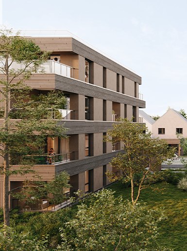 Perspective du programme immobilier neuf Boska à Plescop : résidence claire et cœur d'îlot planté