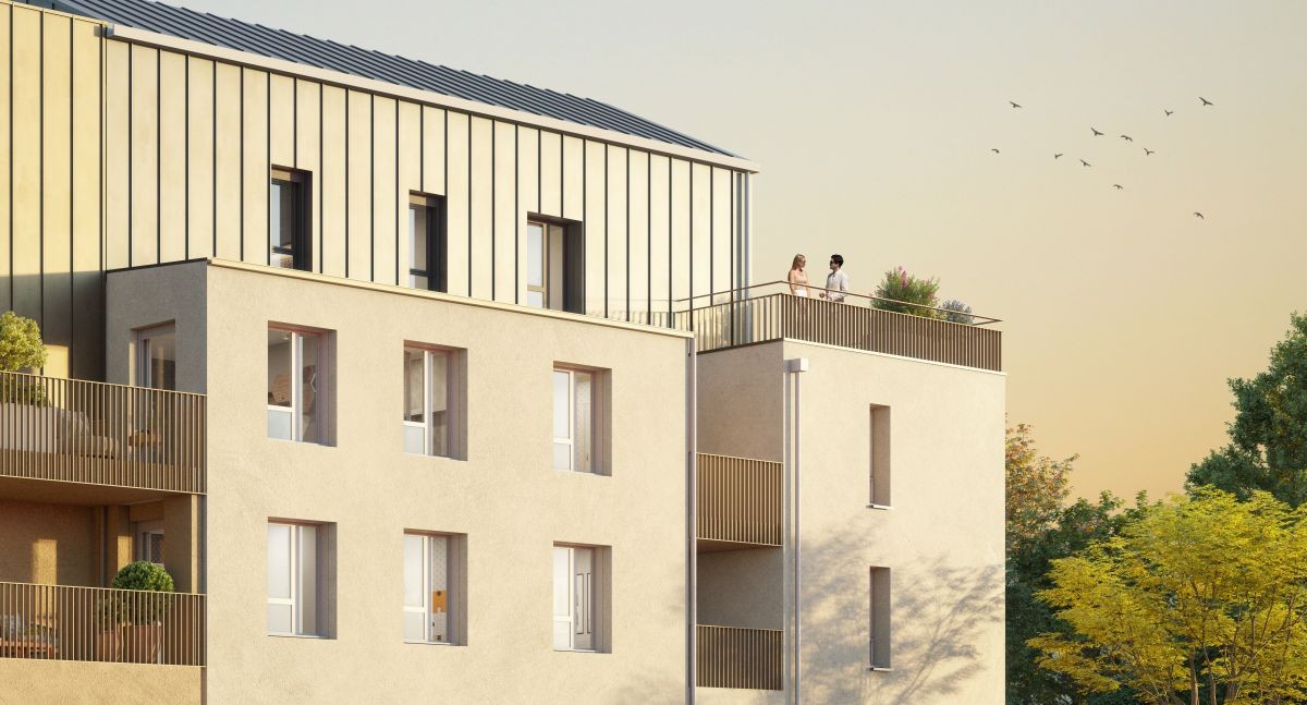 Perspective du programme immobilier neuf Bryo à Brécé : façades claires et espaces plantés