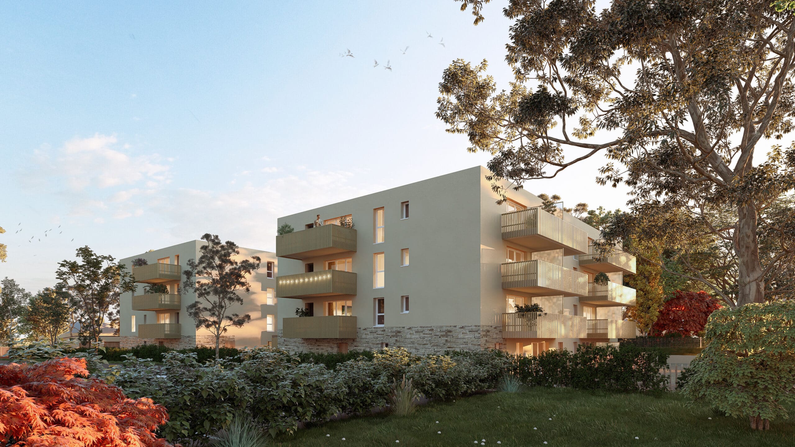 Perspective du programme immobilier neuf Le Clos Laënnec à Ploërmel : façade contemporaine et balcons