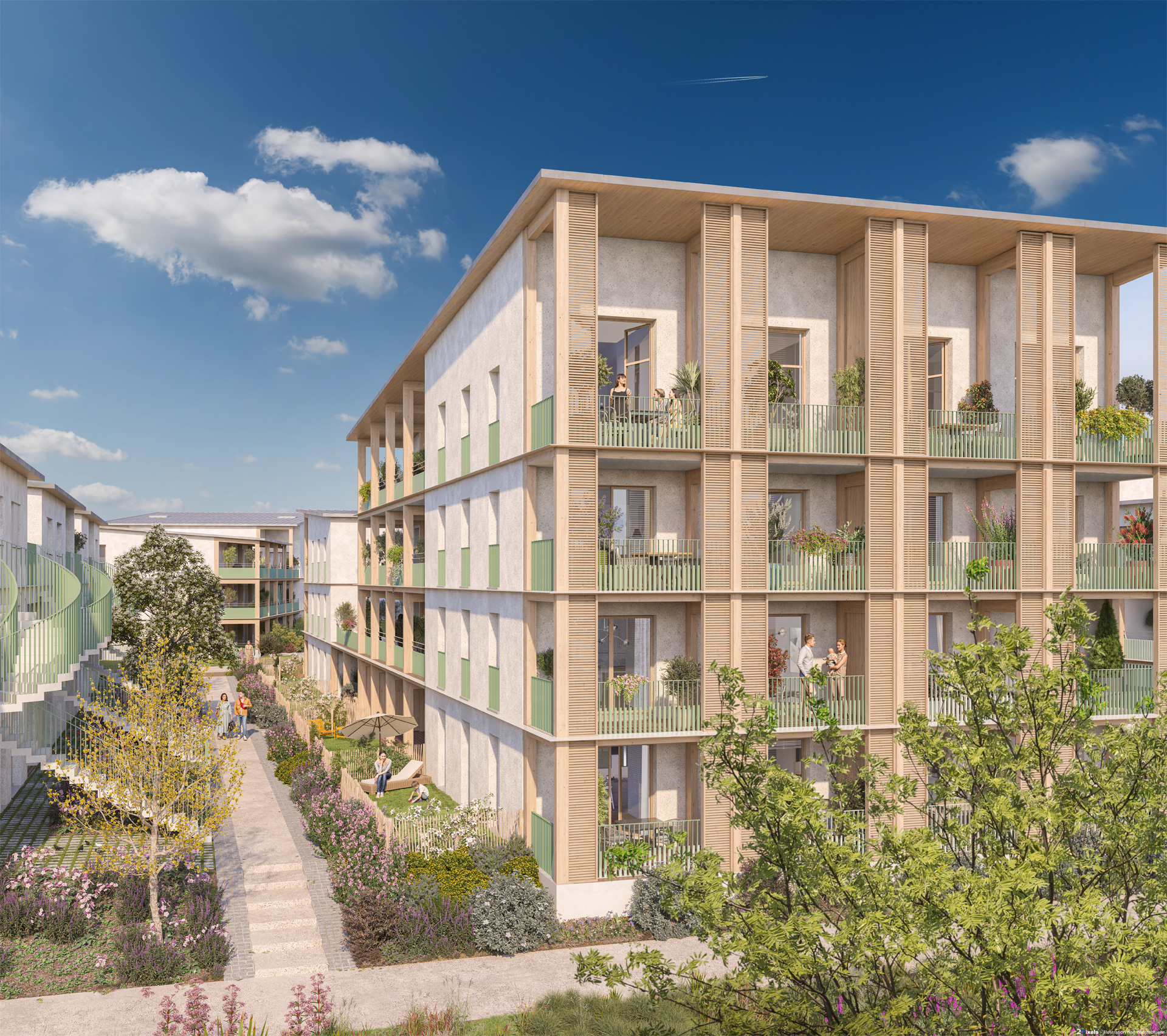 Perspective du programme immobilier neuf Le Clos Nogain à Cancale : façades claires et jardins privatifs