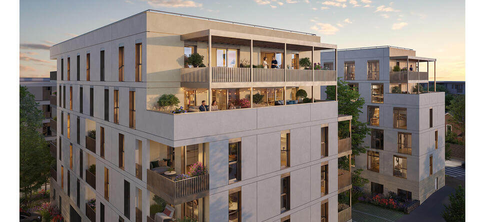 Perspective du programme immobilier neuf Clos Saint-Louis à Évreux : façades claires et balcons ouverts sur le parc