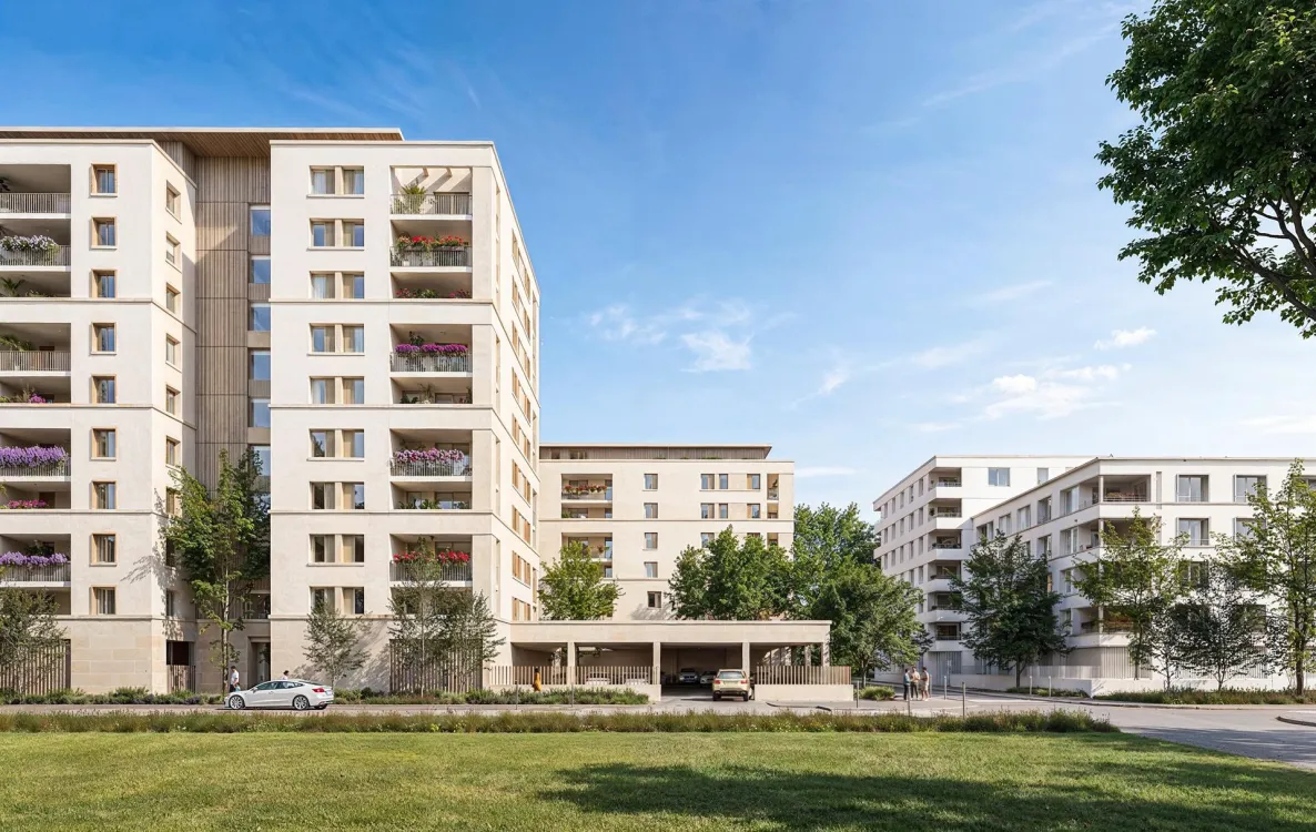 Perspective du programme immobilier neuf Cœur Rive Droite à Bordeaux : résidence contemporaine et espaces plantés