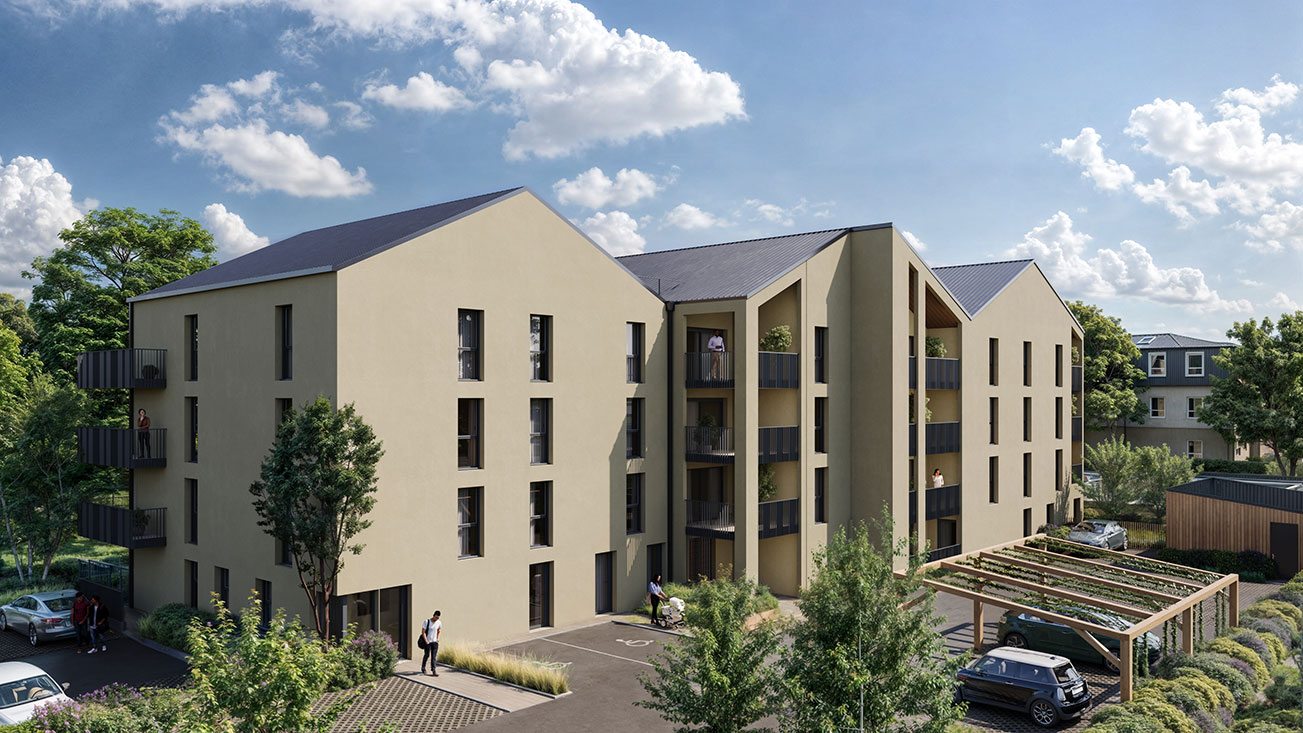 Perspective du programme immobilier neuf Côté Nature à Dol-de-Bretagne : façades claires, balcons et jardins