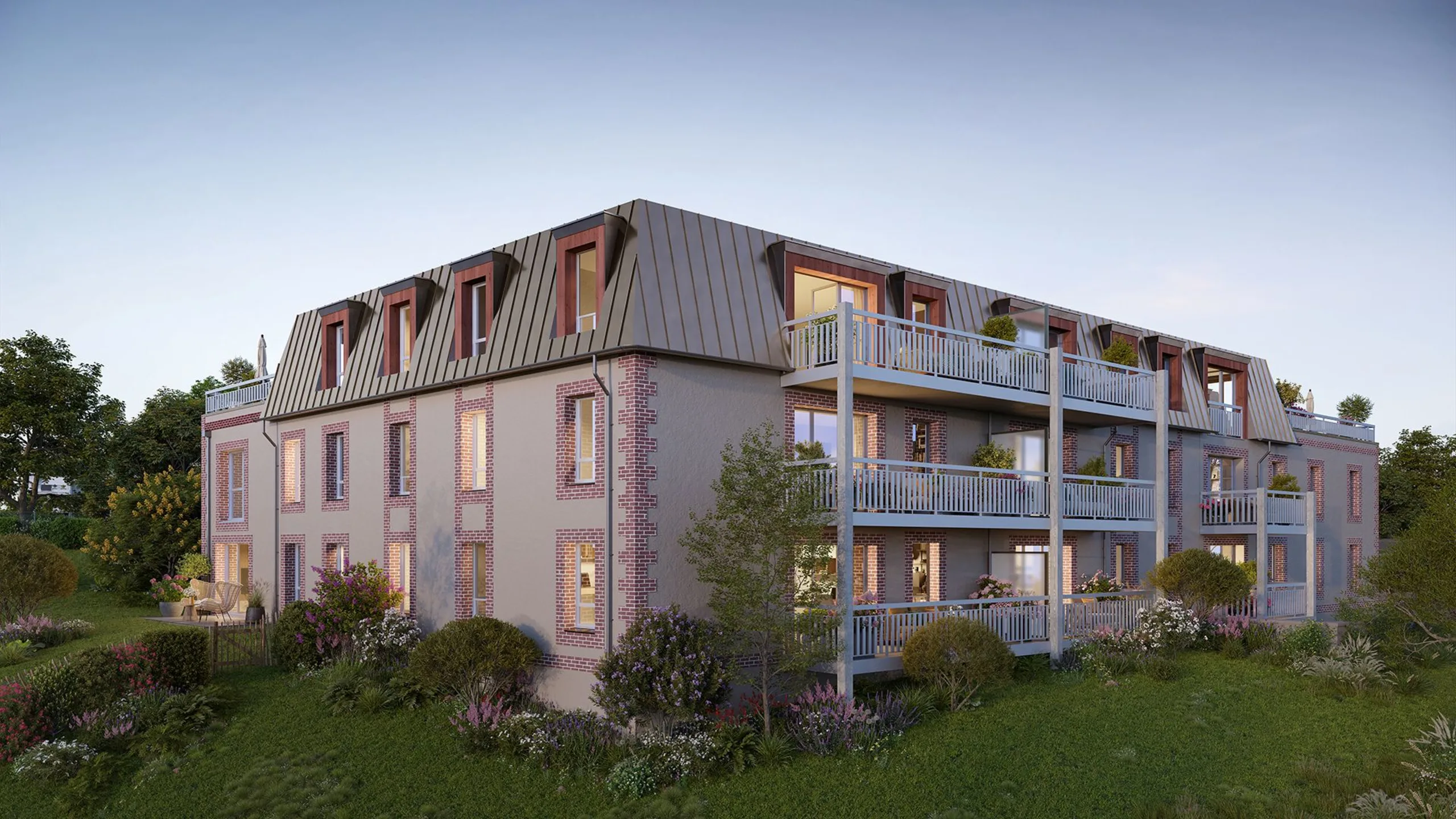 Vue du programme immobilier neuf Les Côteaux de l'Epinay à Touques : façades claires et jardins plantés