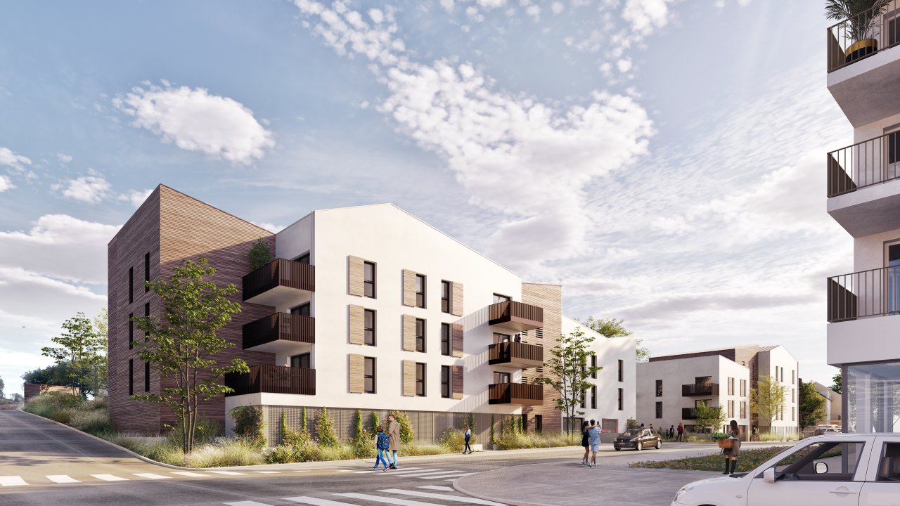 Perspective du programme immobilier neuf Domaine de la Source à Brest : résidence claire ouverte sur les prairies de Fontaine Margot