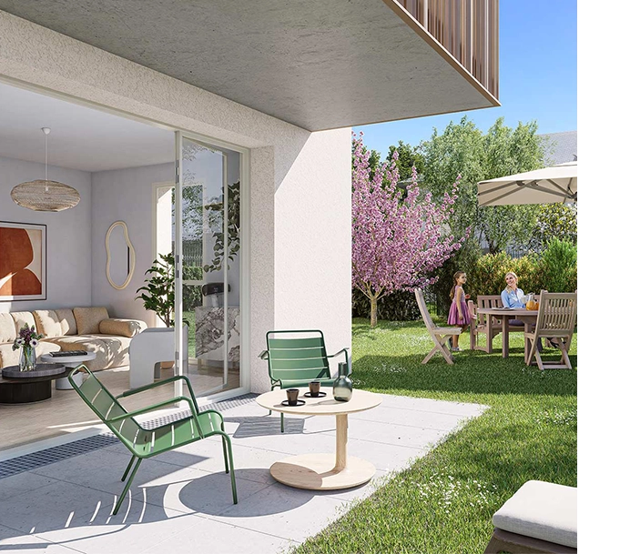 Perspective du programme immobilier neuf Domaine des Roches à Guipry-Messac : maison claire, terrasse et jardin planté