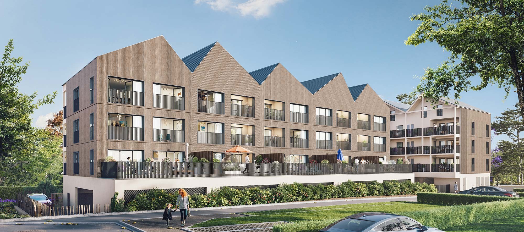 Visuel officiel du programme immobilier neuf Éclisse à Pacé : façades en bois clair et toitures à pignons, balcons filants
