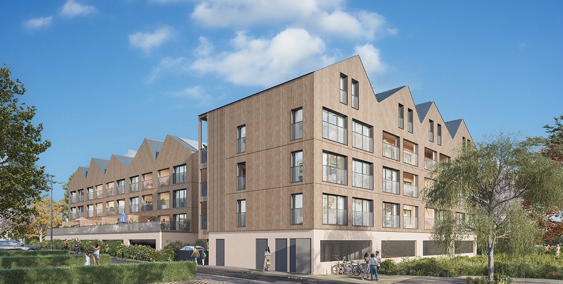 Visuel officiel du programme immobilier neuf Éclisse à Pacé : angle de la résidence en bois clair ouvert sur les espaces verts