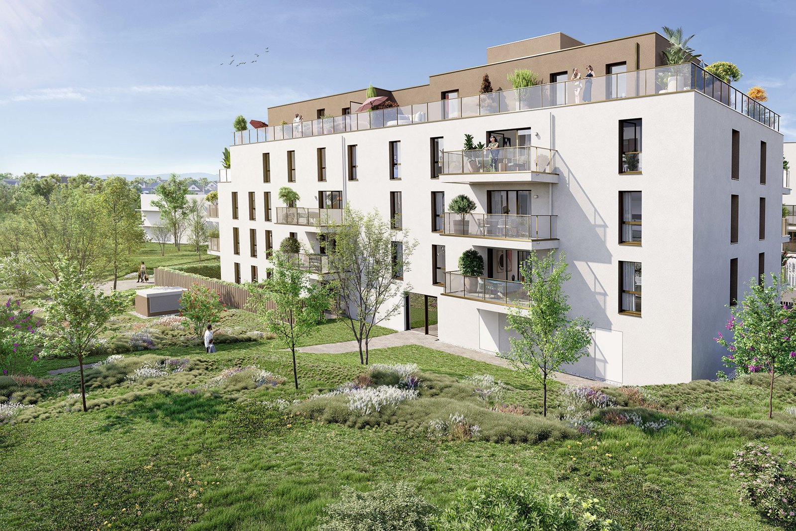 Perspective du programme immobilier neuf L'Écrin du Ménez à Larmor-Plage : façades claires et balcons