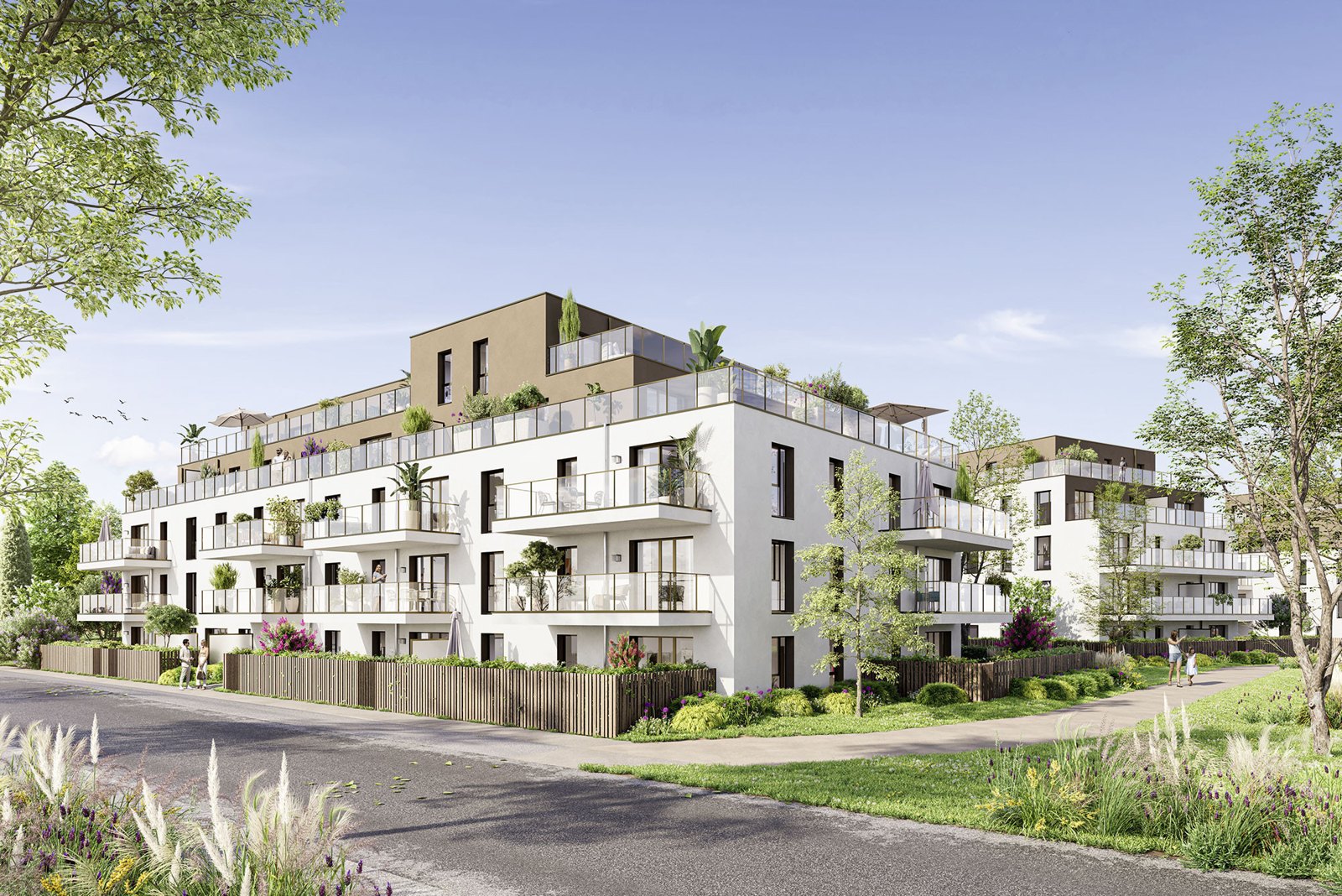 Perspective du programme immobilier neuf L'Écrin du Ménez à Larmor-Plage : terrasse ouverte sur les espaces plantés