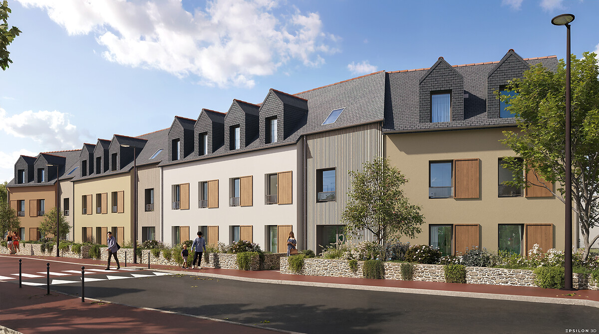 Perspective du programme immobilier neuf L'Estuaire à Saint-Jouan-des-Guérets : résidence claire et extérieurs privatifs