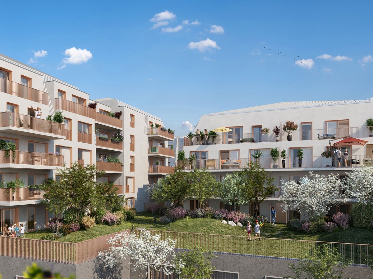 Perspective du programme immobilier neuf Explora à Saint-Malo : façades contemporaines et cœur d'îlot paysager