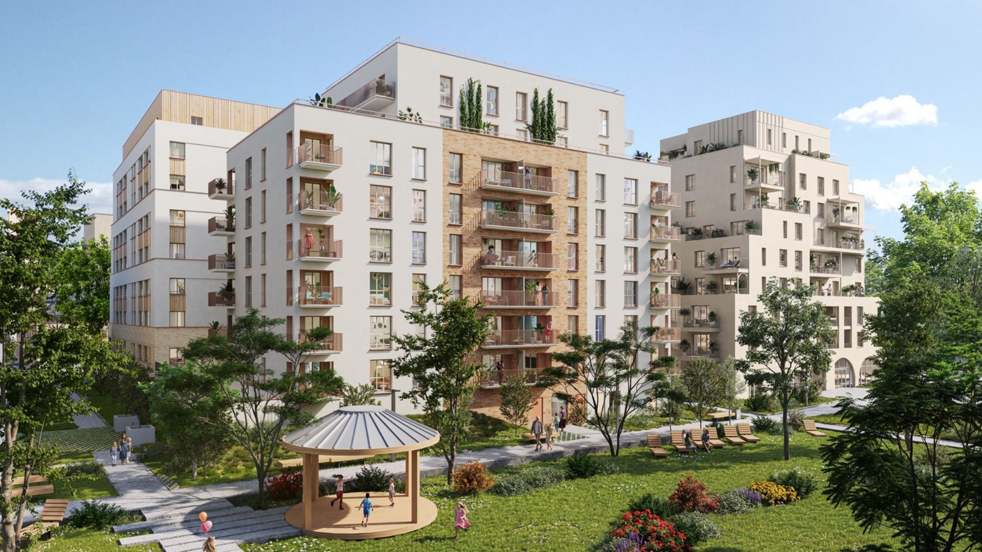 Perspective du programme immobilier neuf Flora Nova à Rouen : résidence claire à balcons ouverte sur un cœur d'îlot planté