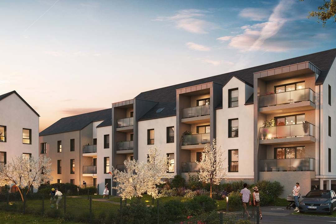 Perspective du programme immobilier neuf Hameau de Joséphine à Combourg : façades claires en soirée