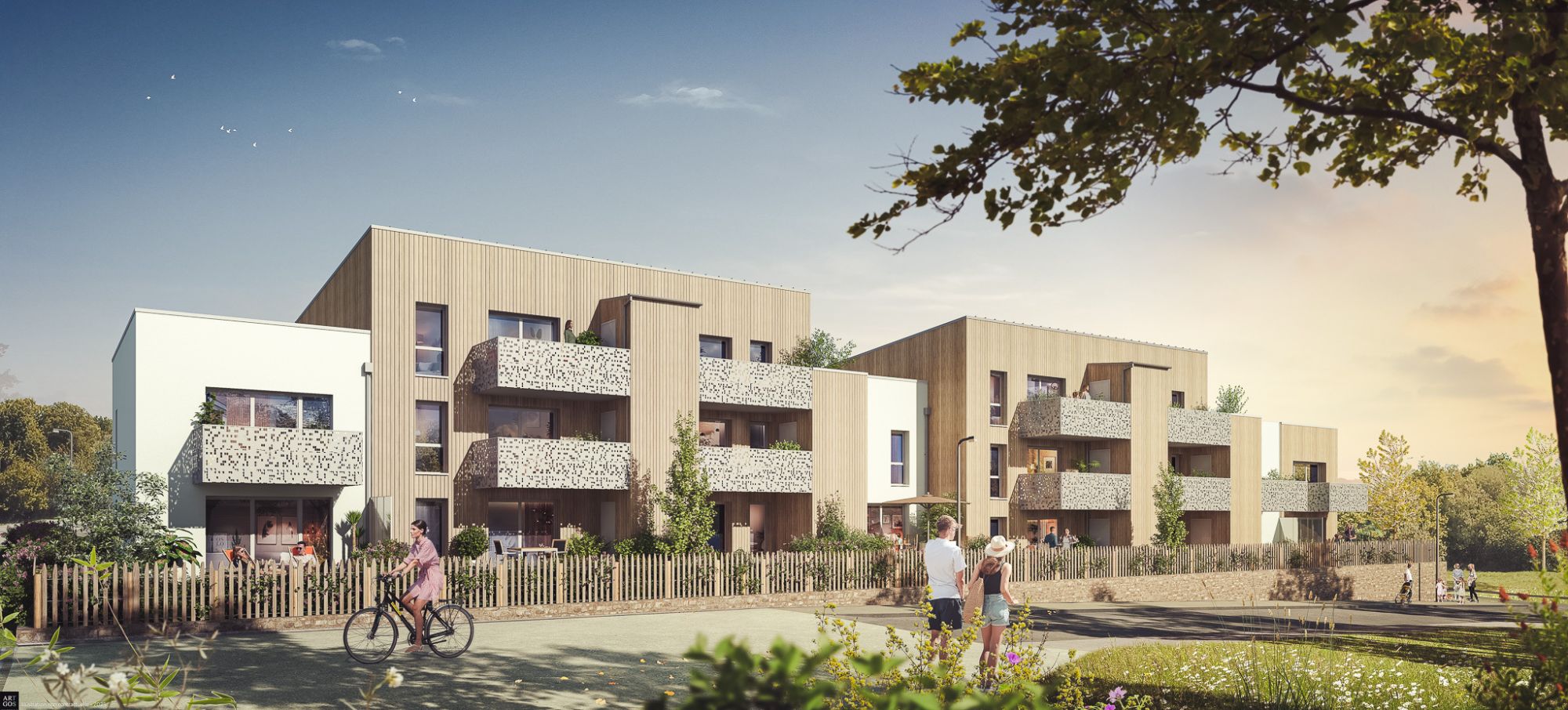 Perspective du programme immobilier neuf Iroise à Brest : bâtiments bas et parc paysager du quartier Kerlinou