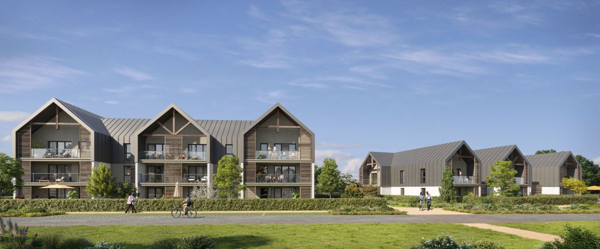 Perspective du programme immobilier neuf Jade à Pleurtuit : façades claires, balcons et jardins